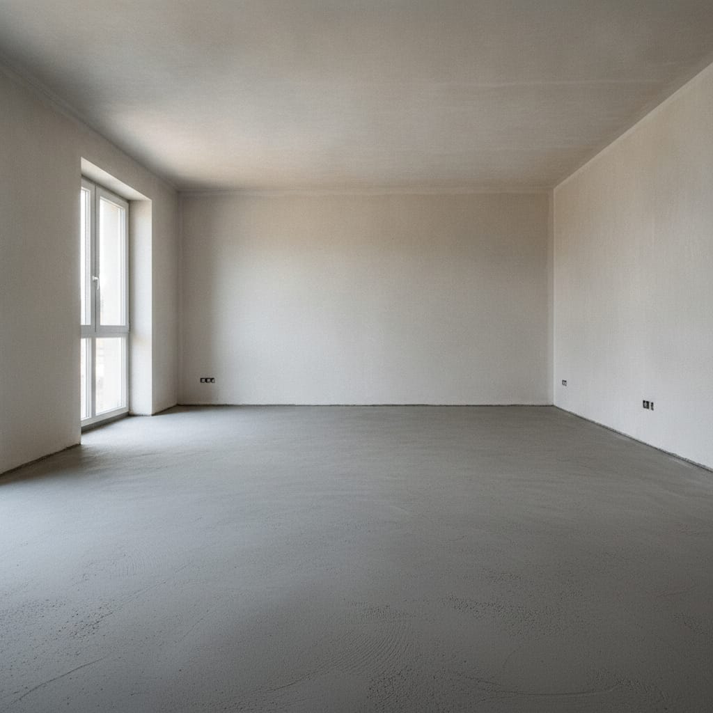 Symbolbild: frischer Zementestrich in einem leeren Raum beim Trocknen