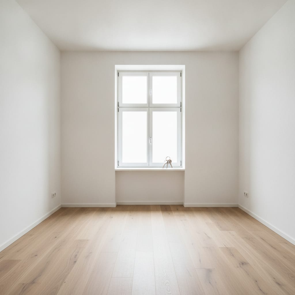 Symbolbild: leere frisch renovierte Wohnung bei der Übergabe, Schlüssel auf der Fensterbank